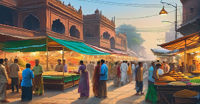 A busy street market in Kanpur filled with colorful food stalls and people enjoying local delicacies.