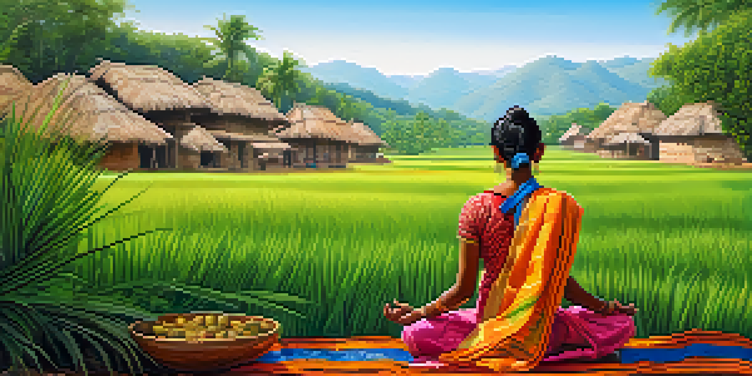 A traveler greeting with the 'Namaste' gesture in a colorful Indian village, surrounded by lush greenery and traditional attire.