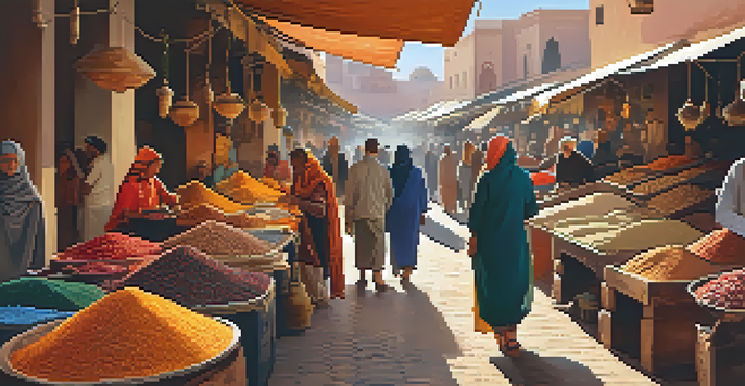 A bustling Marrakech market showcasing colorful stalls filled with spices and textiles, with local artisans at work under warm sunlight.