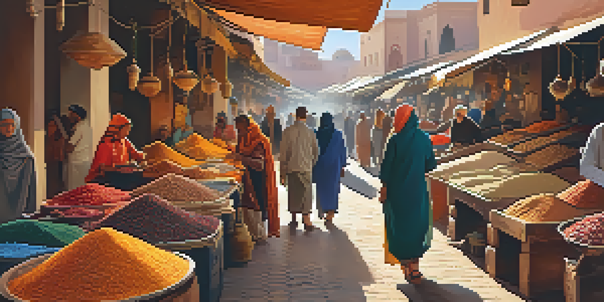 A bustling Marrakech market showcasing colorful stalls filled with spices and textiles, with local artisans at work under warm sunlight.