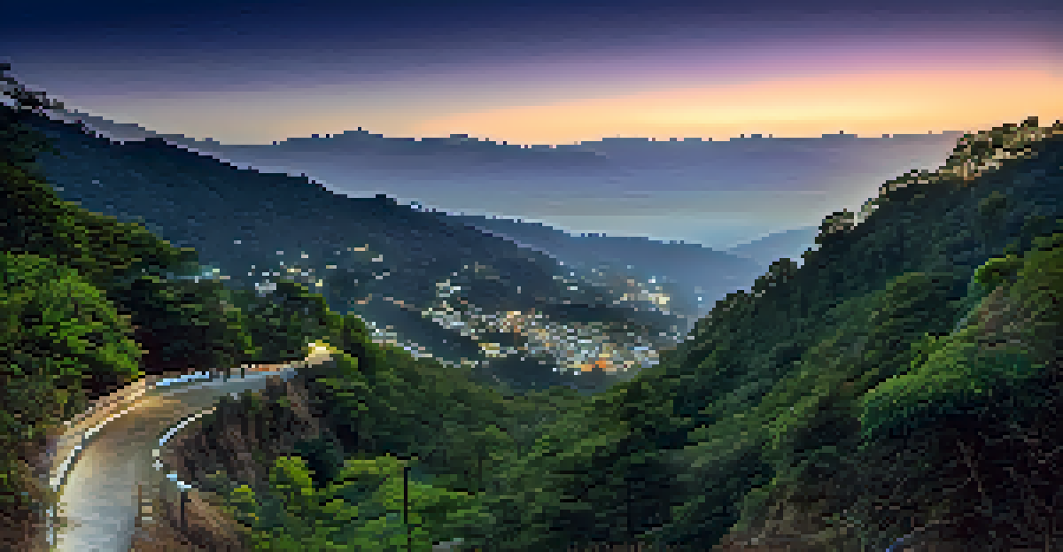 A picturesque view of the Nainital to Mukteshwar road, featuring hills, houses, and a stunning sunset turning into a starry night.