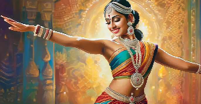 A Bharatanatyam dancer in traditional attire performing on stage with expressive hand gestures and warm lighting.