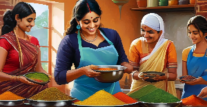 Participants of a cooking class in a cozy kitchen, preparing spices and vegetables for Indian cuisine.