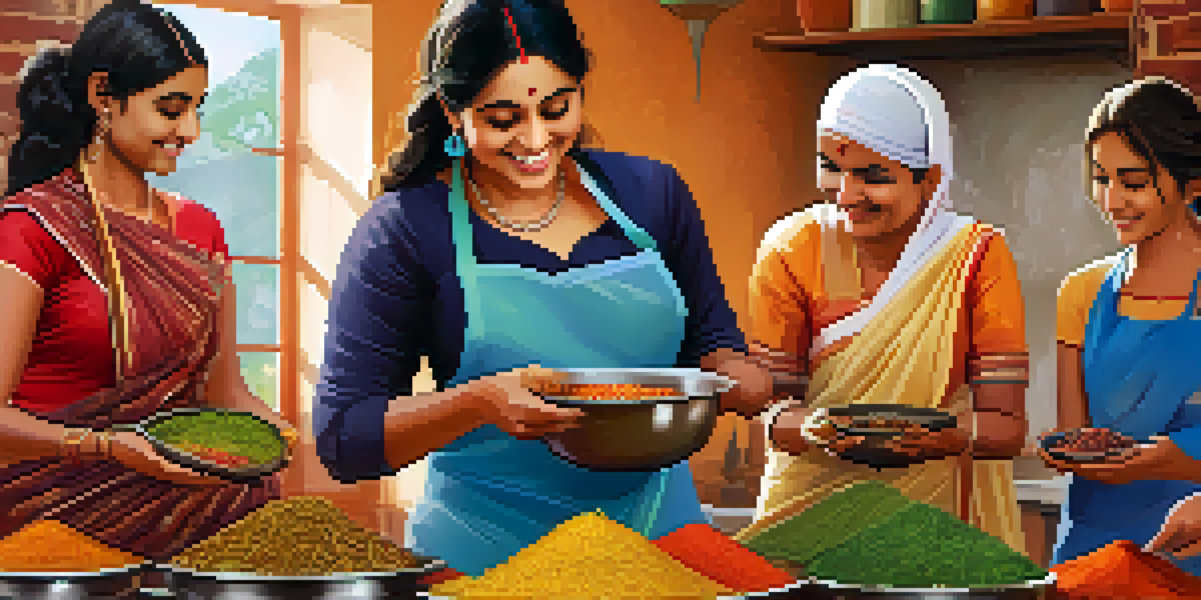 Participants of a cooking class in a cozy kitchen, preparing spices and vegetables for Indian cuisine.