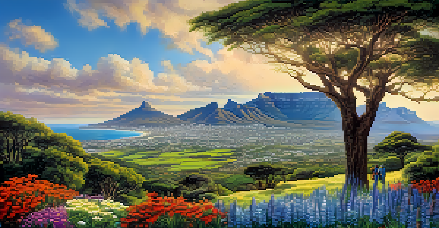 Table Mountain in Cape Town with vibrant wildflowers in the foreground and travelers planting trees, set against a clear blue sky.