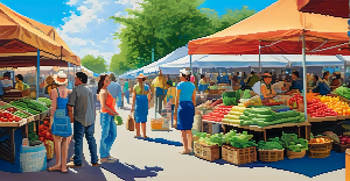 A lively local market with colorful stalls displaying fresh fruits, vegetables, and handmade crafts, with people interacting in a sunny environment.