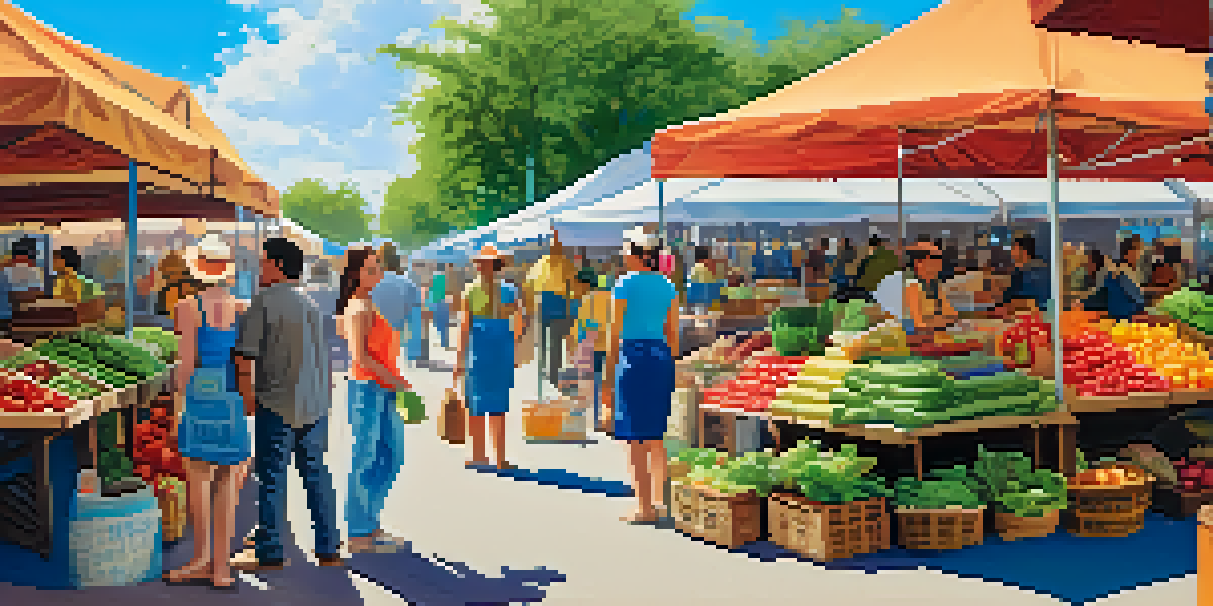 A lively local market with colorful stalls displaying fresh fruits, vegetables, and handmade crafts, with people interacting in a sunny environment.