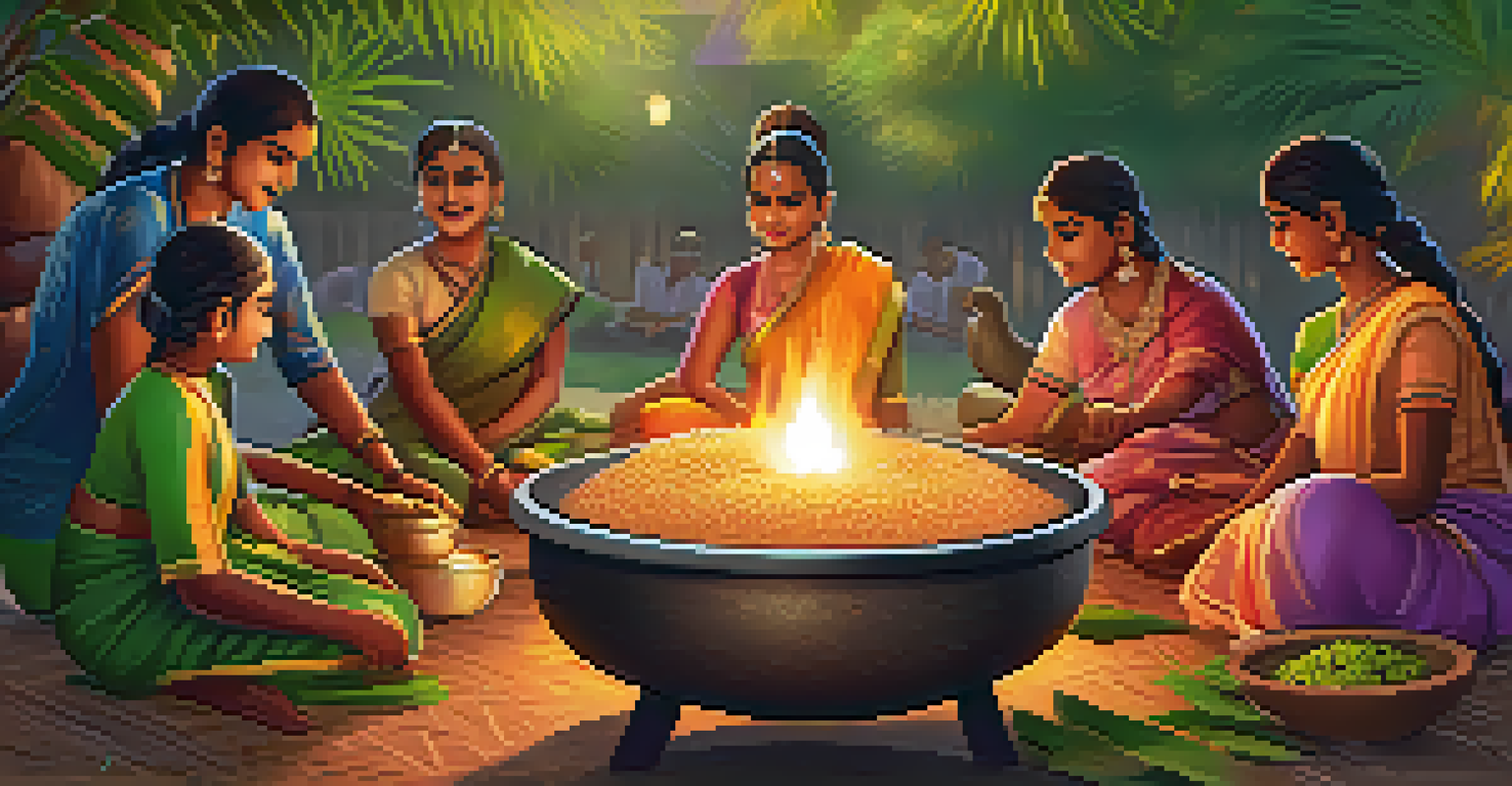 A family preparing Pongal rice dish outdoors, with a bubbling pot over a fire and festive decorations in the background.