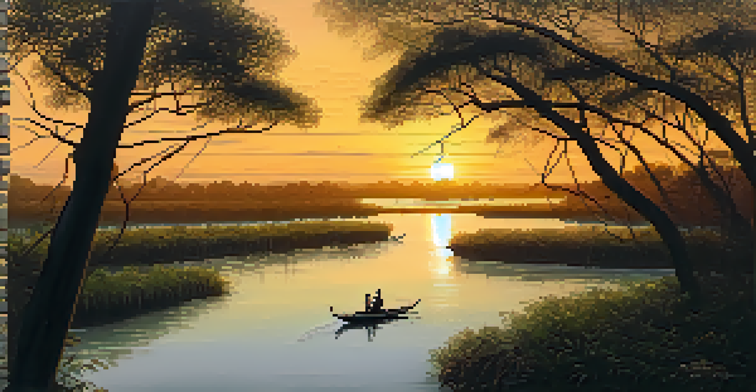 An aerial view of the Sundarbans mangrove forest at sunset, with waterways and silhouettes of a Bengal tiger.
