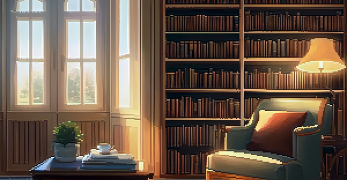 A cozy library corner with a bookshelf, an armchair, and a cup of tea, illuminated by warm light.