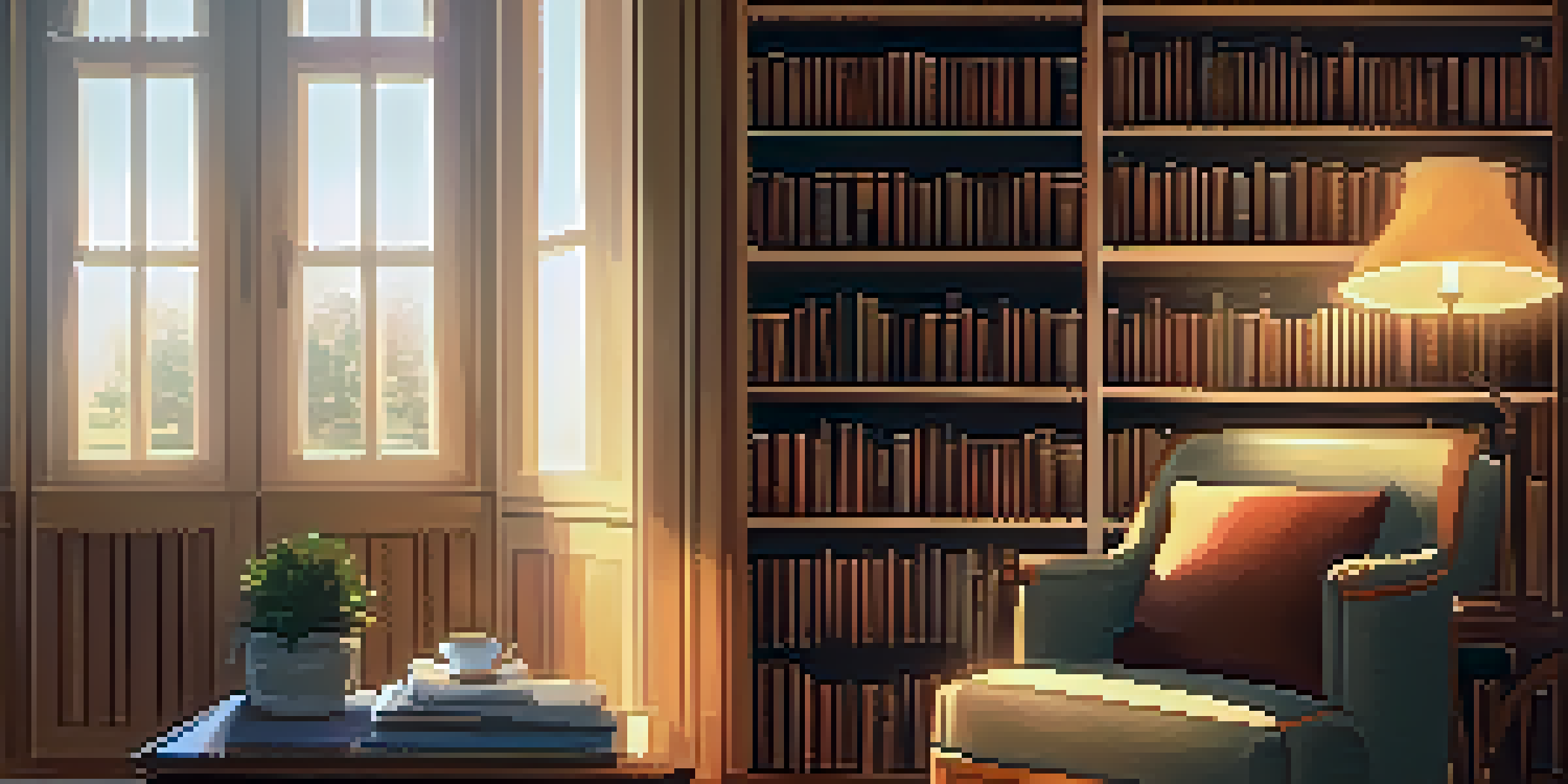 A cozy library corner with a bookshelf, an armchair, and a cup of tea, illuminated by warm light.
