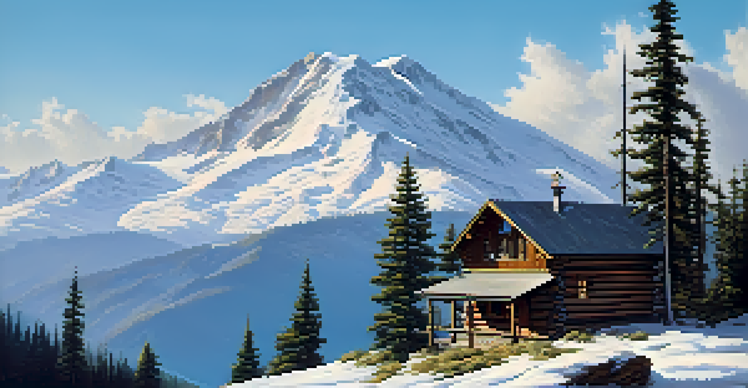 A stunning mountain view with a cabin and a person gazing at the landscape, surrounded by trees.