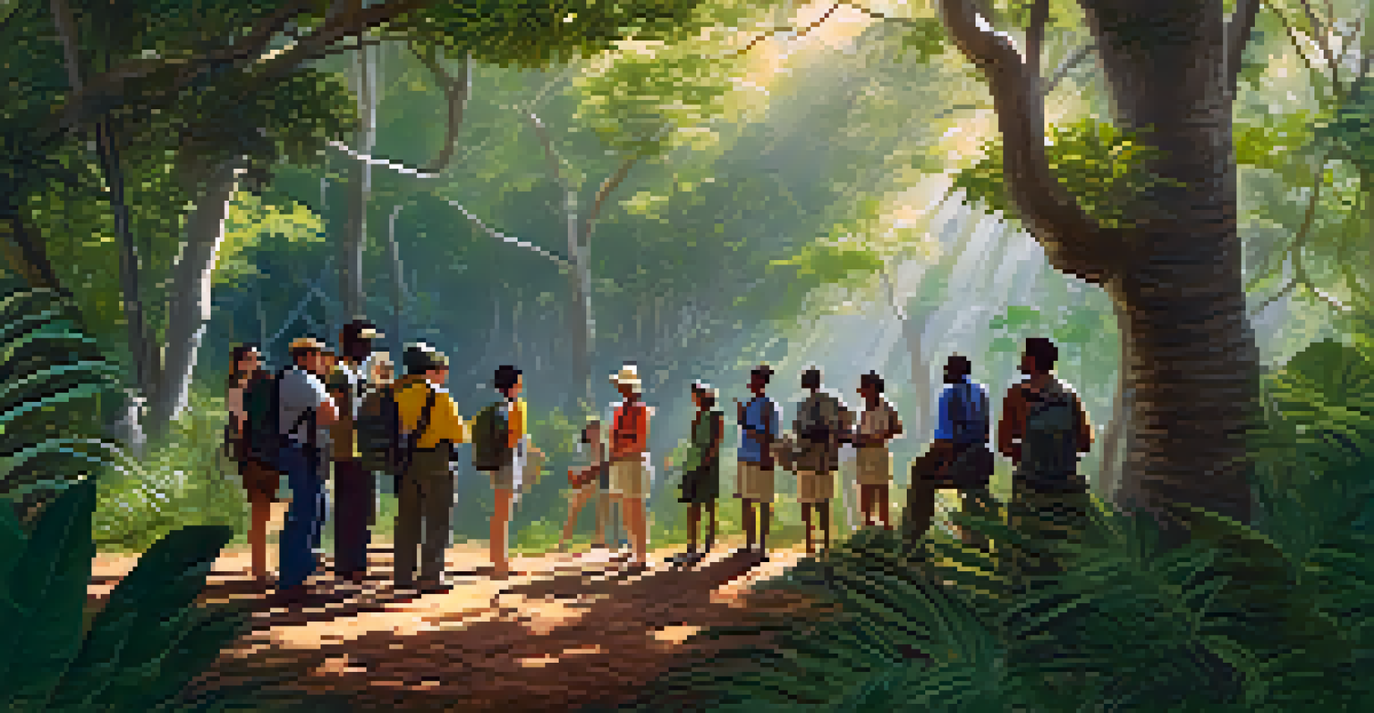 A safari guide sharing knowledge about biodiversity with travelers in a vibrant forest, highlighting a colorful bird on a branch.