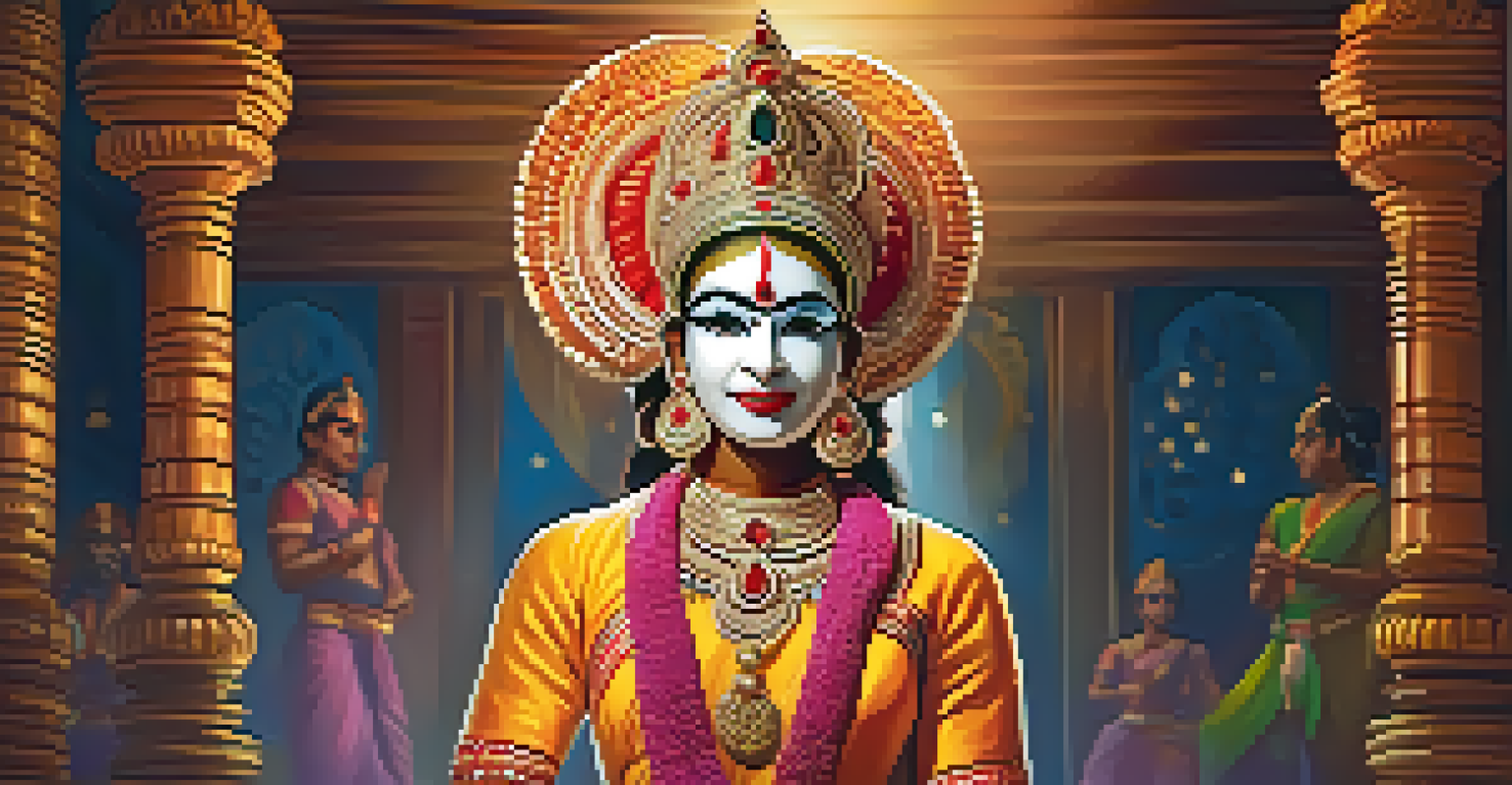 A Kathakali dancer in full costume performing on stage with colorful decorations and soft lighting.