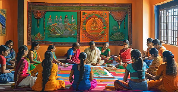 A group of diverse individuals participating in a Madhubani painting workshop in India, with colorful artworks and artisans guiding them.