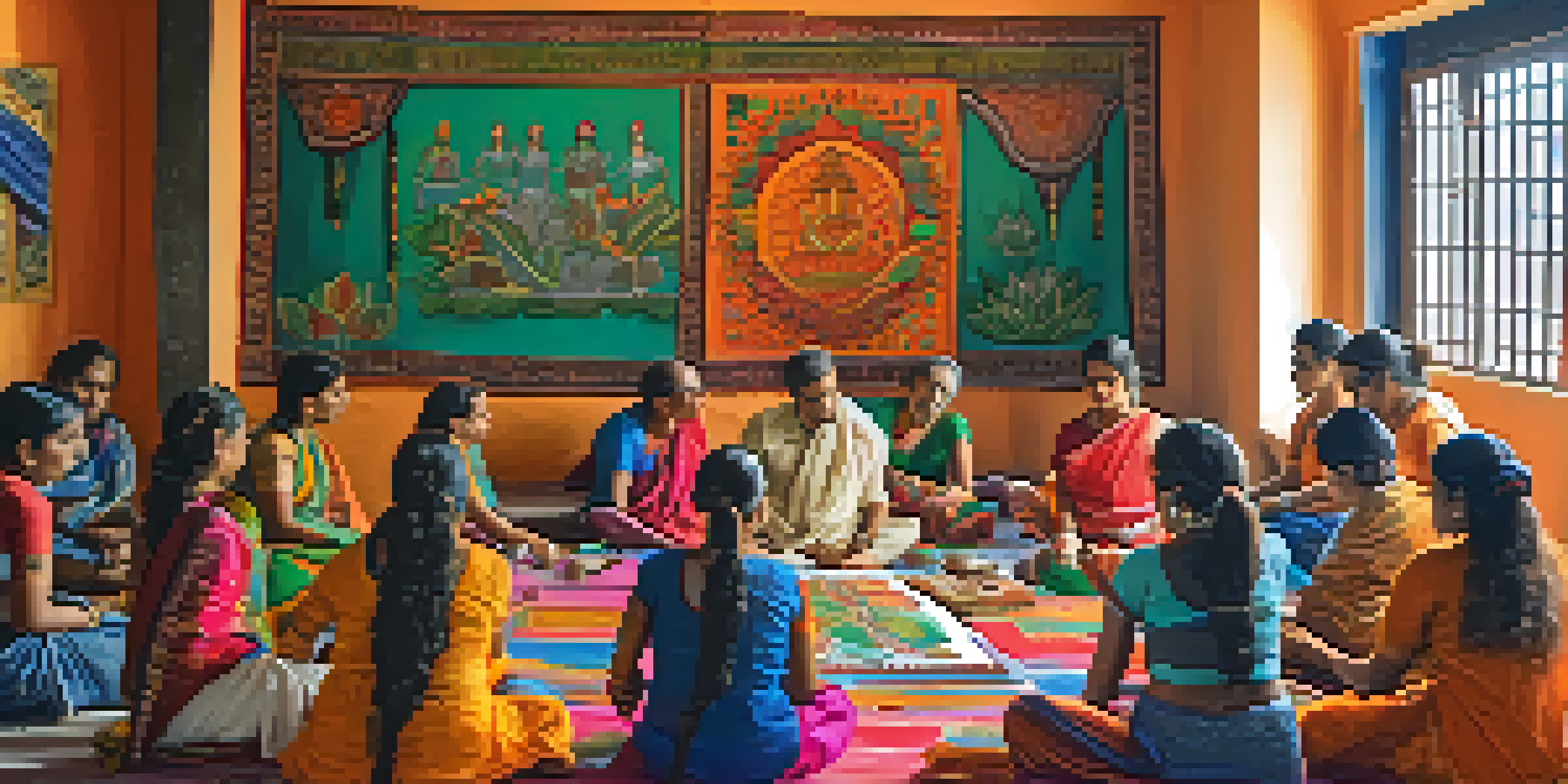 A group of diverse individuals participating in a Madhubani painting workshop in India, with colorful artworks and artisans guiding them.