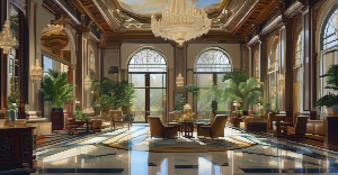 A grand hotel lobby with high ceilings, chandeliers, and luxurious decor, illuminated by sunlight.