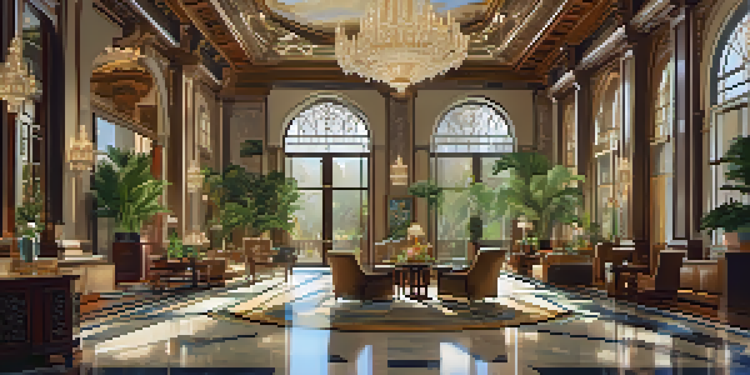 A grand hotel lobby with high ceilings, chandeliers, and luxurious decor, illuminated by sunlight.