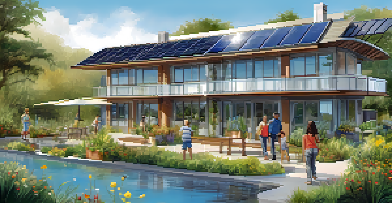 An eco-friendly hotel with solar panels and a rainwater collection system, surrounded by plants, with a family engaged in conservation activities.