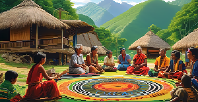 A peaceful indigenous village in a green valley with mountains, featuring community members storytelling and crafting.