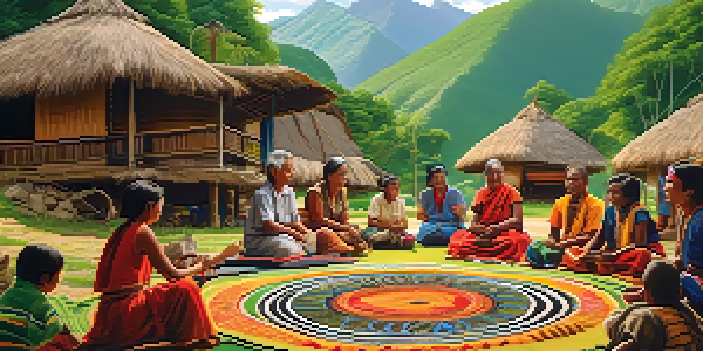 A peaceful indigenous village in a green valley with mountains, featuring community members storytelling and crafting.
