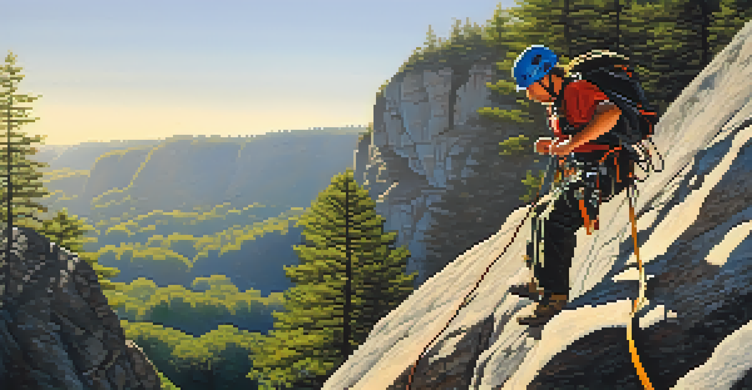 A climber in a harness and helmet preparing to climb a rock face under sunlight.