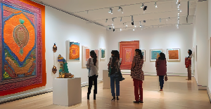 A contemporary art installation combining traditional Indian motifs and modern materials, with people interacting in a warmly lit gallery.