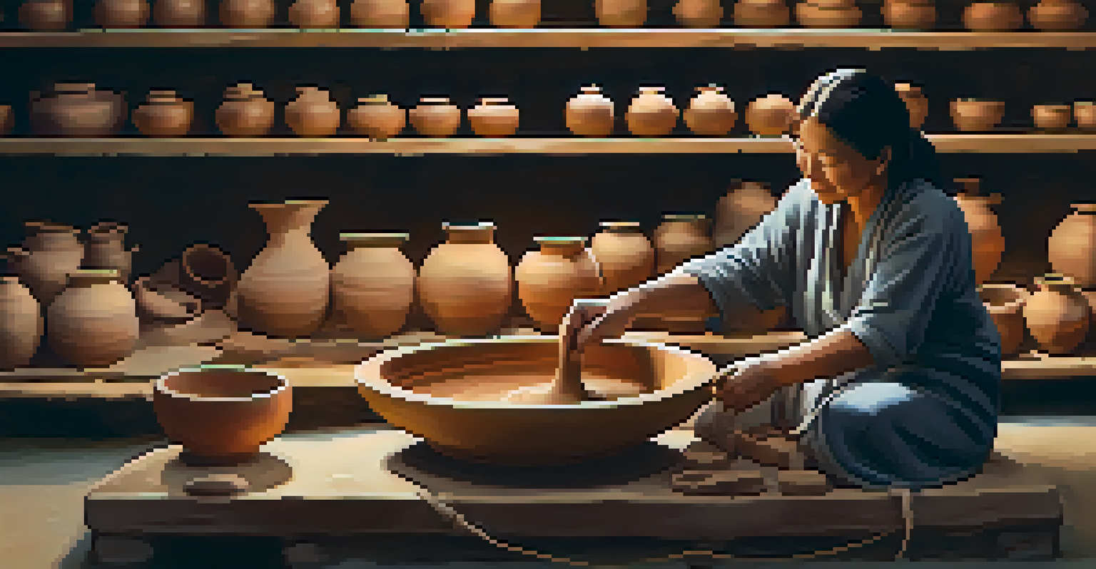 A potter shaping clay at a market stall, surrounded by handmade pottery with warm lighting highlighting the textures and the artisan's concentration.