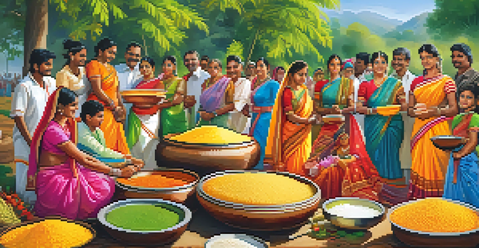A lively scene of an Indian harvest festival with families cooking and celebrating in colorful traditional attire, surrounded by greenery.