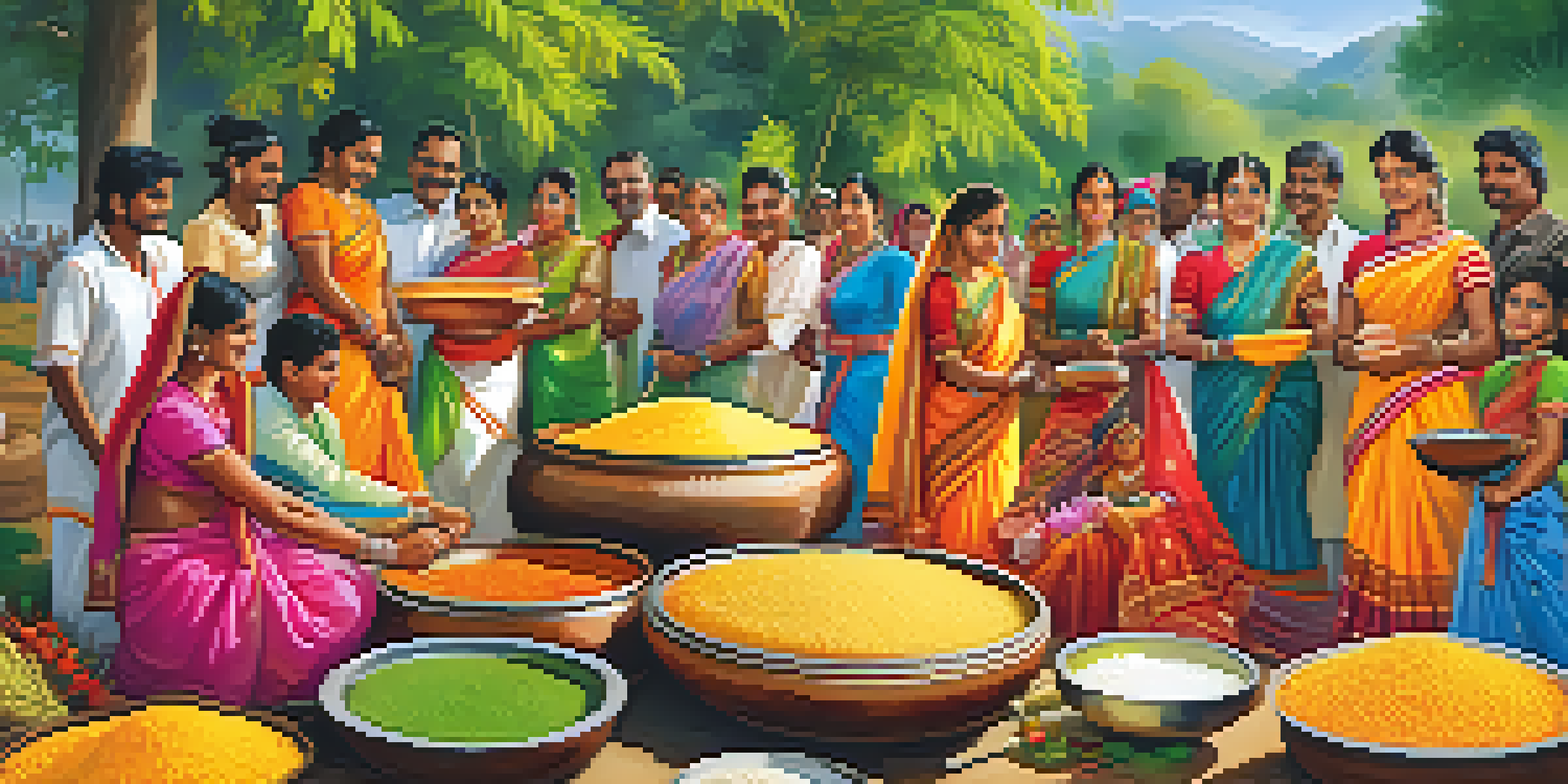 A lively scene of an Indian harvest festival with families cooking and celebrating in colorful traditional attire, surrounded by greenery.