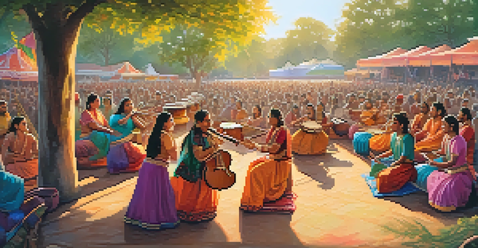 A lively Indian music festival with musicians playing traditional instruments in a colorful setting, surrounded by an excited audience.