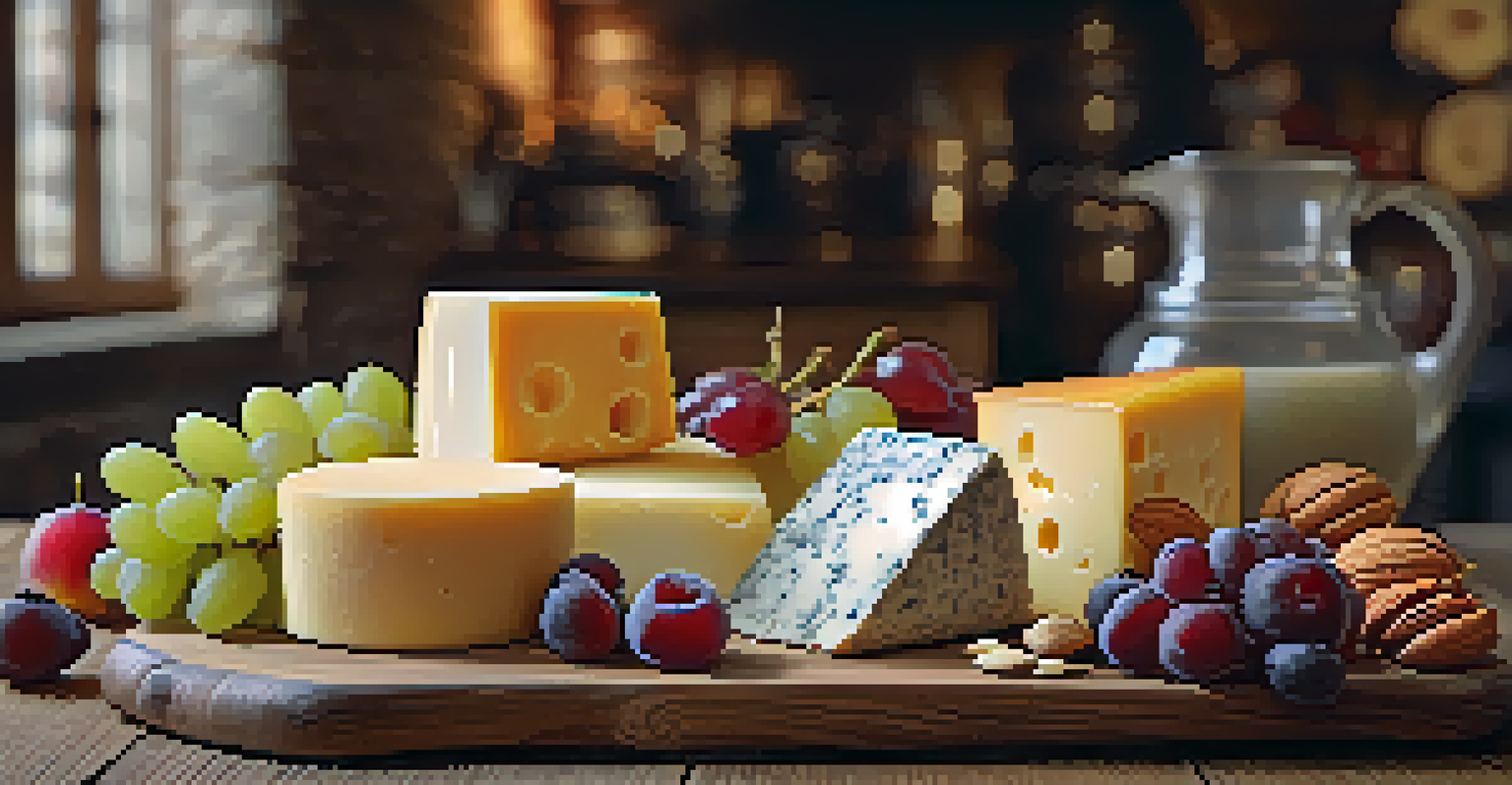 A close-up of an artisanal cheese platter with various cheeses, fruits, and nuts on a rustic wooden table, illuminated by natural light.