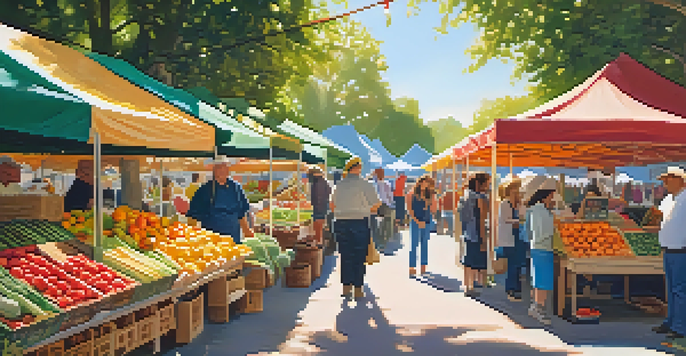 A lively farmers' market filled with colorful fruits and vegetables, people interacting and enjoying the atmosphere.