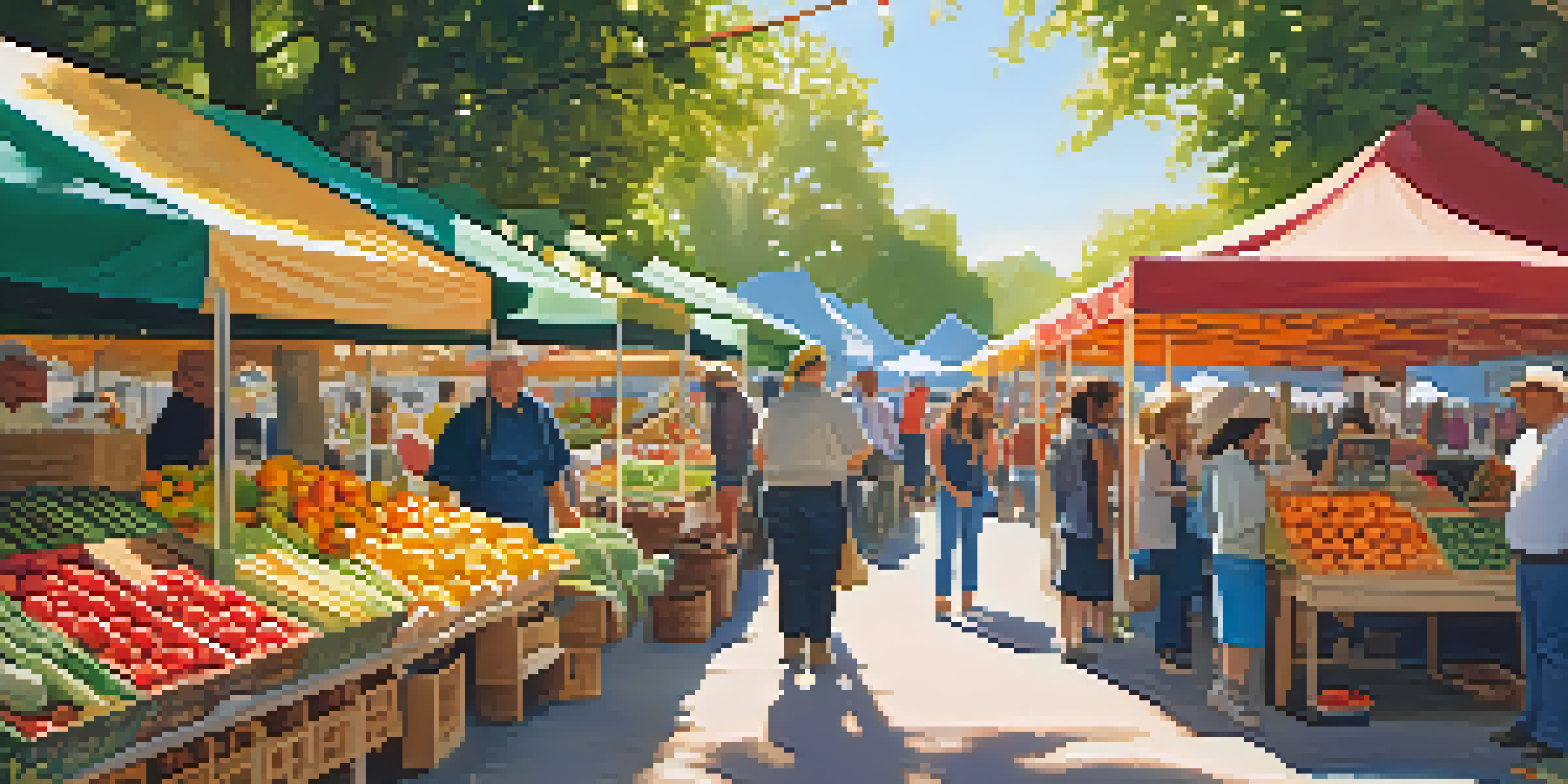 A lively farmers' market filled with colorful fruits and vegetables, people interacting and enjoying the atmosphere.
