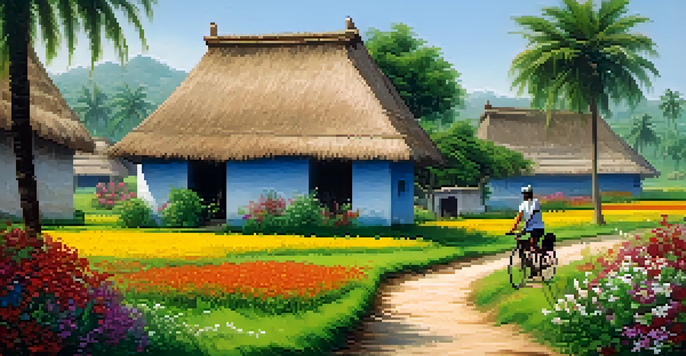 A cyclist riding through bright green fields with wildflowers, traditional village houses in the background, and a clear blue sky.