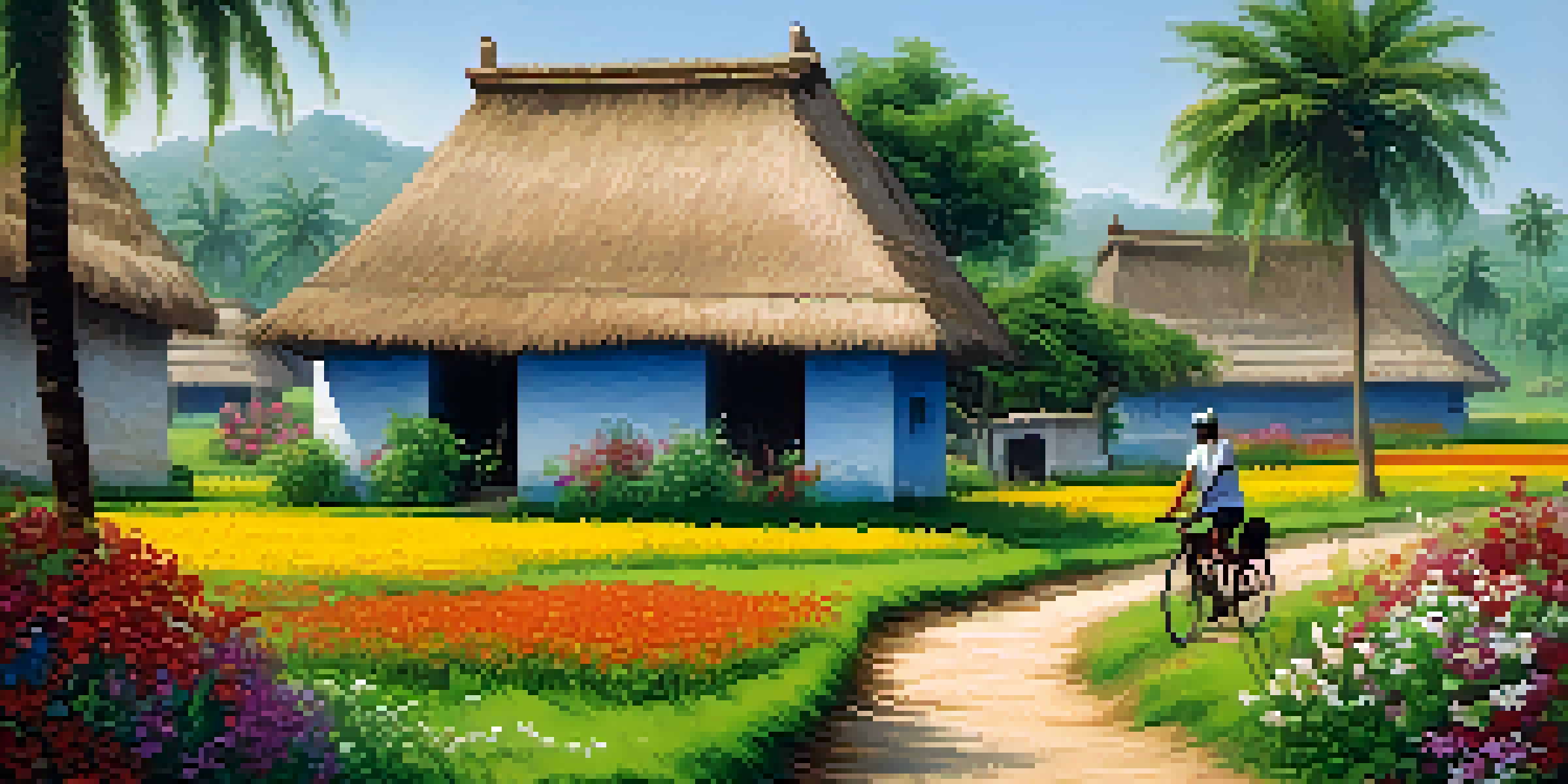 A cyclist riding through bright green fields with wildflowers, traditional village houses in the background, and a clear blue sky.