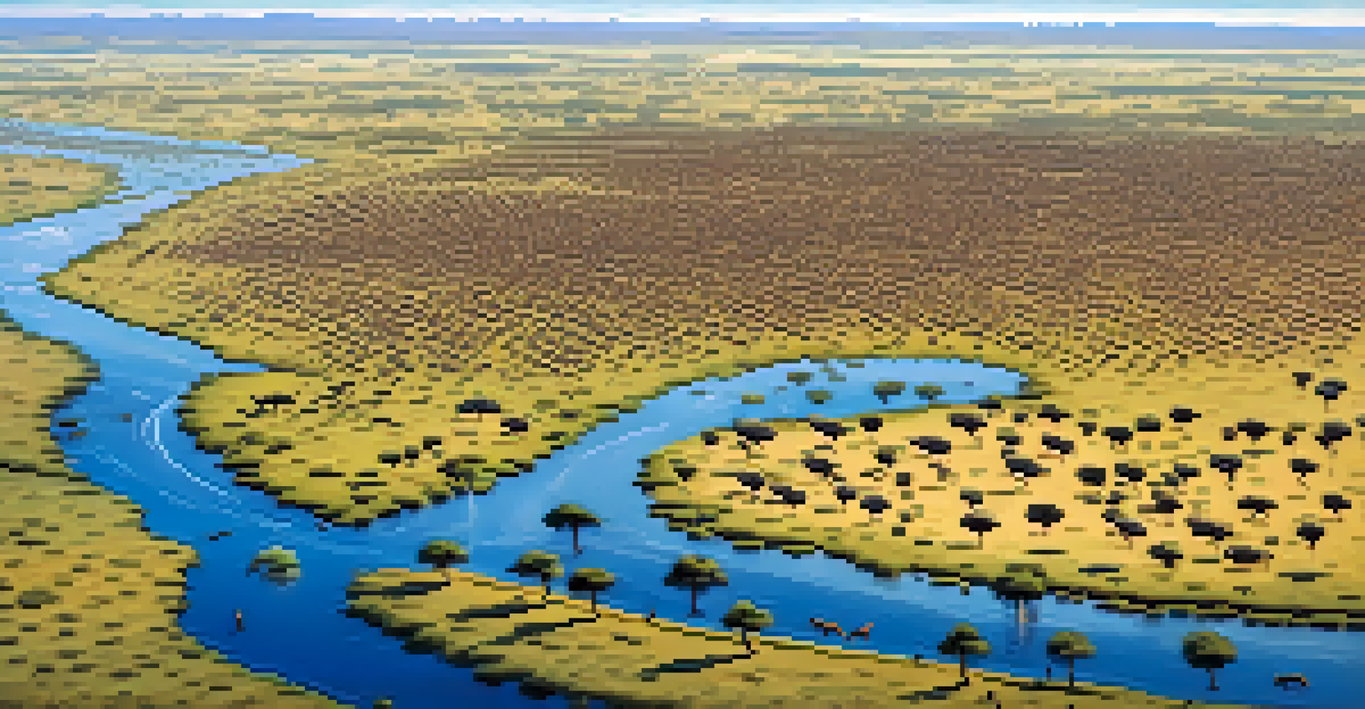 Aerial view of the Serengeti with wildebeests migrating across a river and eco-friendly lodges in the landscape.