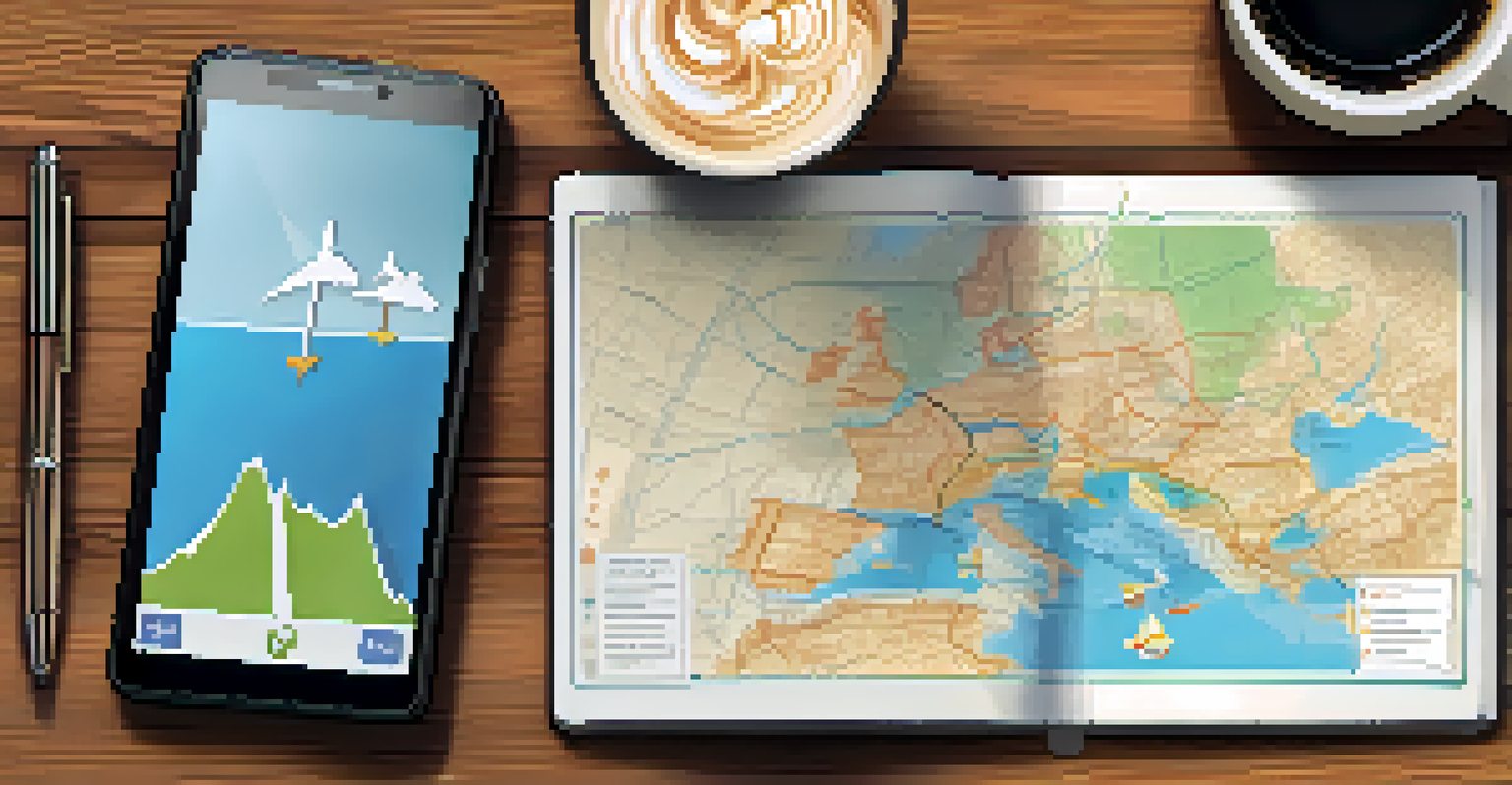 A detailed scene of a road map and smartphone on a table, surrounded by coffee and planning materials.