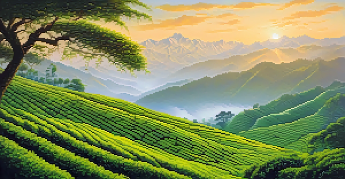 A scenic view of a green tea plantation in Darjeeling, with rolling hills and the Himalayan mountains in the background, illuminated by soft morning light.