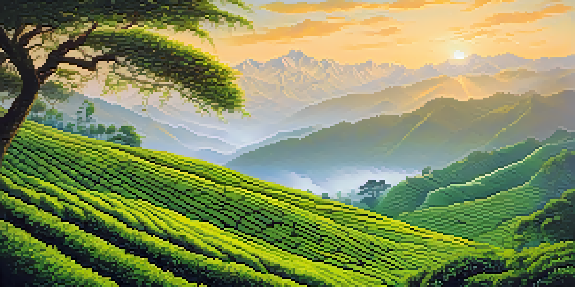 A scenic view of a green tea plantation in Darjeeling, with rolling hills and the Himalayan mountains in the background, illuminated by soft morning light.
