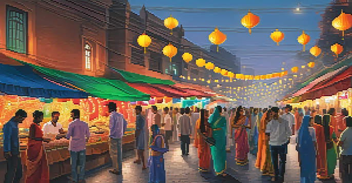 A busy street in Delhi decorated for Diwali with people shopping, colorful lights, and fireworks in the sky.