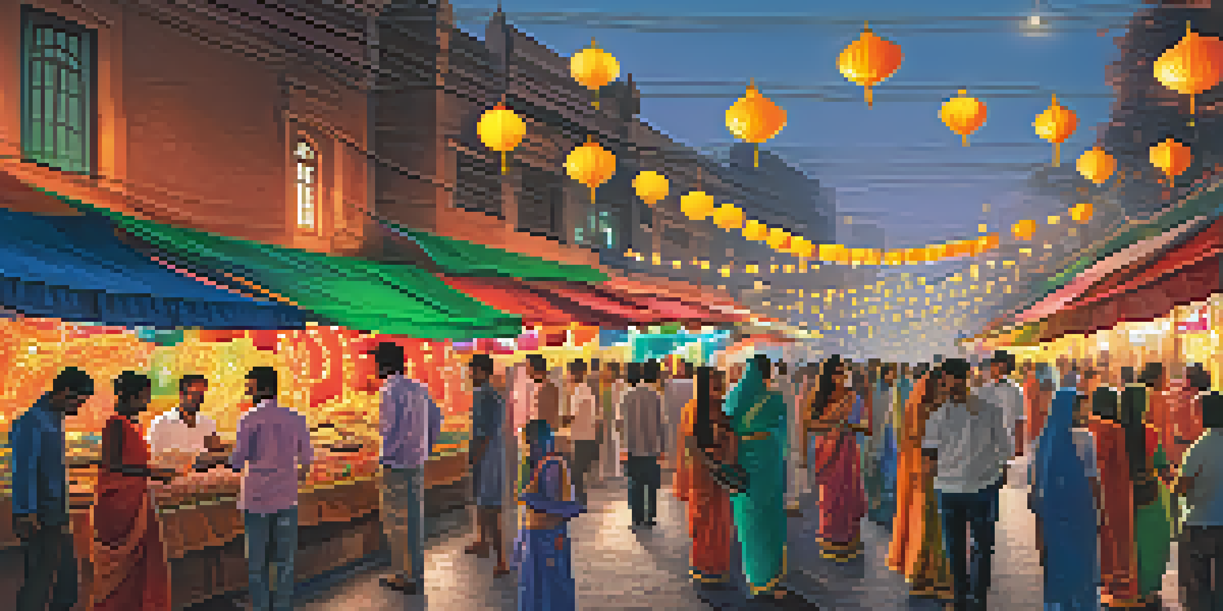 A busy street in Delhi decorated for Diwali with people shopping, colorful lights, and fireworks in the sky.