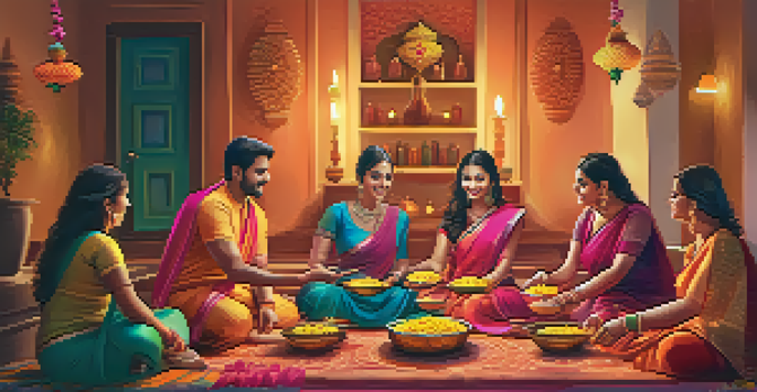 A festive Diwali gathering with families, decorated home, colorful rangoli, and traditional sweets on display.