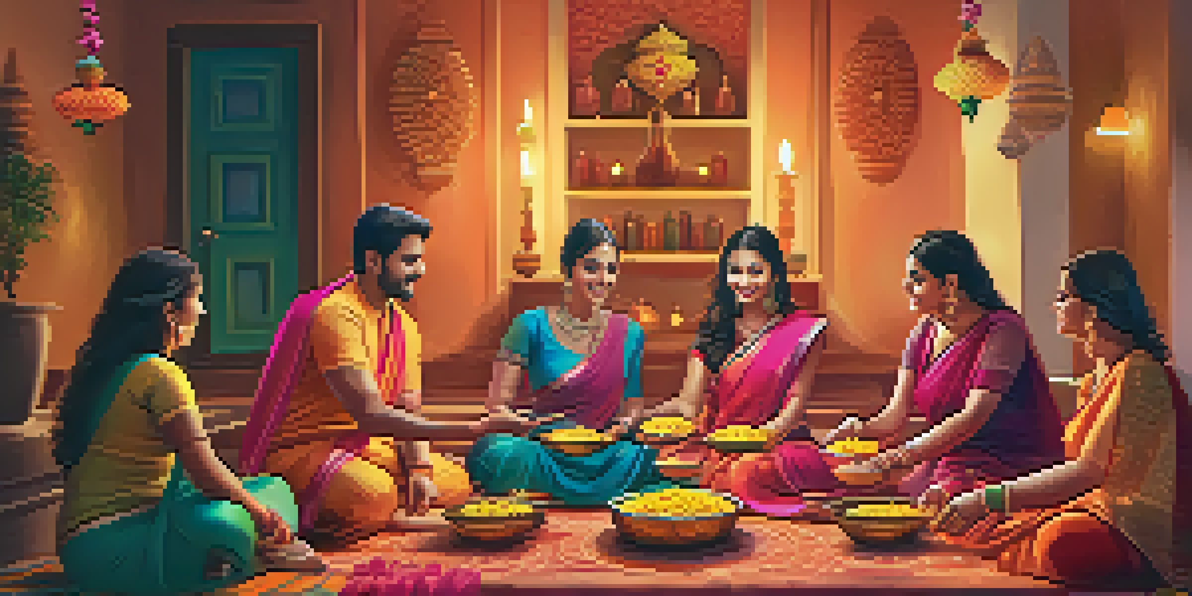 A festive Diwali gathering with families, decorated home, colorful rangoli, and traditional sweets on display.