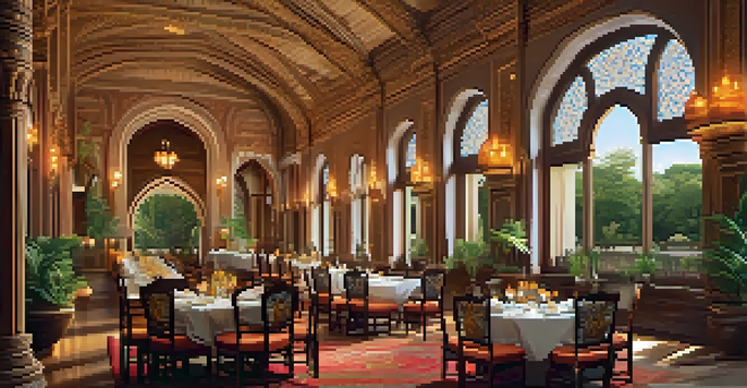 An elegant dining hall of a heritage hotel showcasing traditional Indian decor and a beautifully set table with regional dishes, illuminated by warm candlelight.