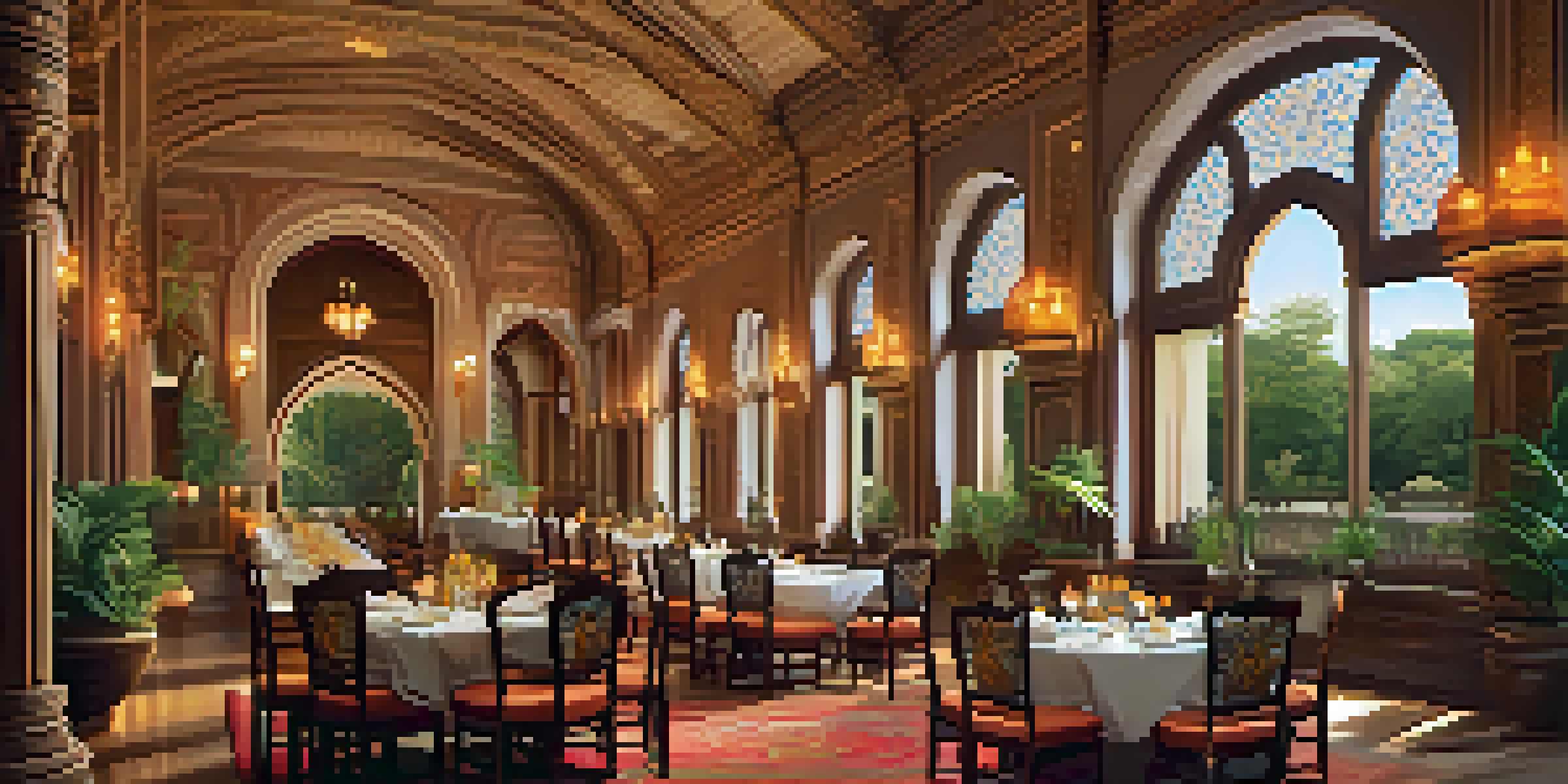 An elegant dining hall of a heritage hotel showcasing traditional Indian decor and a beautifully set table with regional dishes, illuminated by warm candlelight.