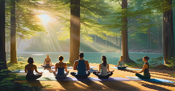 A peaceful forest with sunlight shining through trees, where a group of diverse people are practicing yoga on mats, highlighting tranquility and mindfulness.