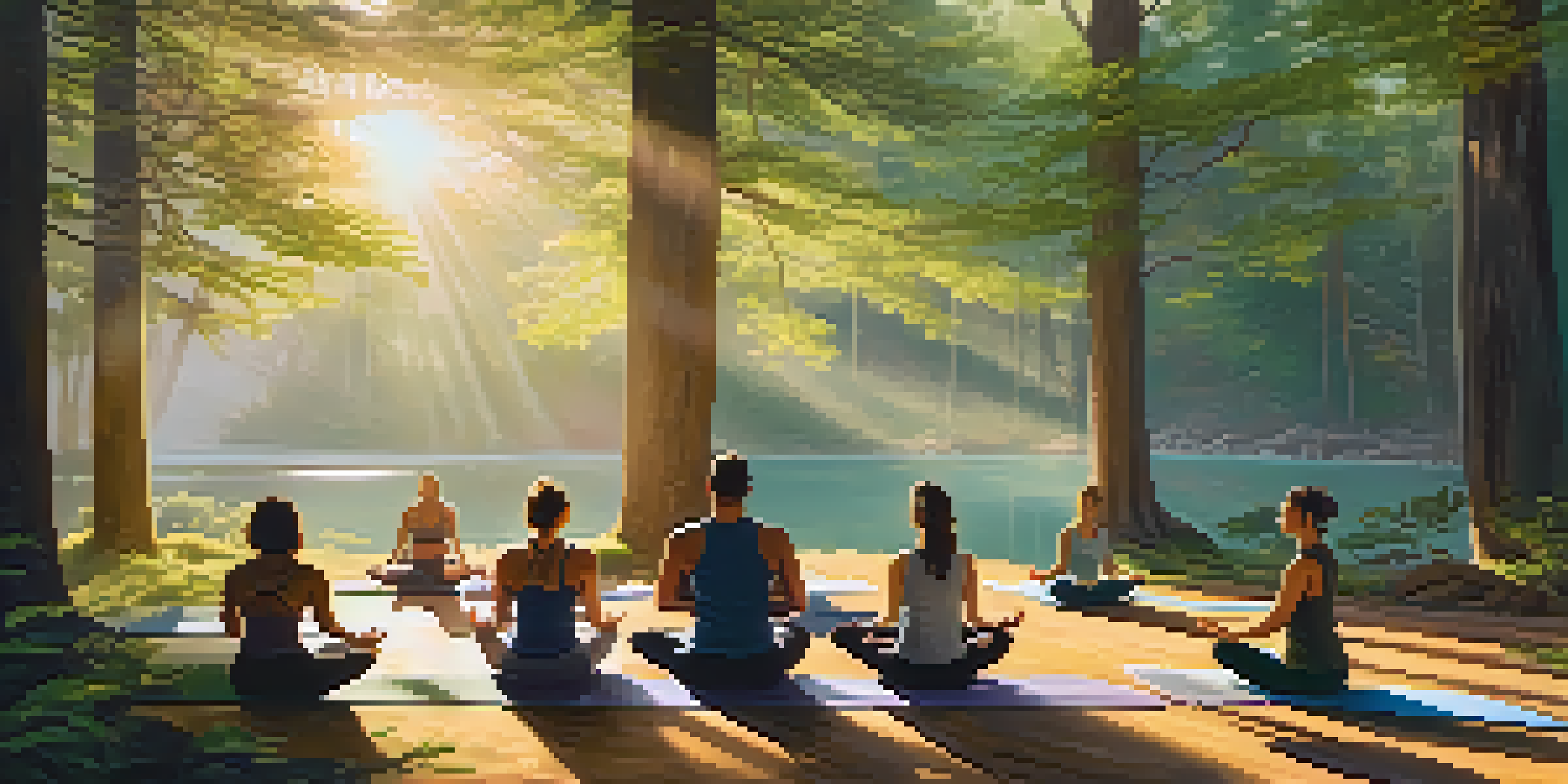 A peaceful forest with sunlight shining through trees, where a group of diverse people are practicing yoga on mats, highlighting tranquility and mindfulness.