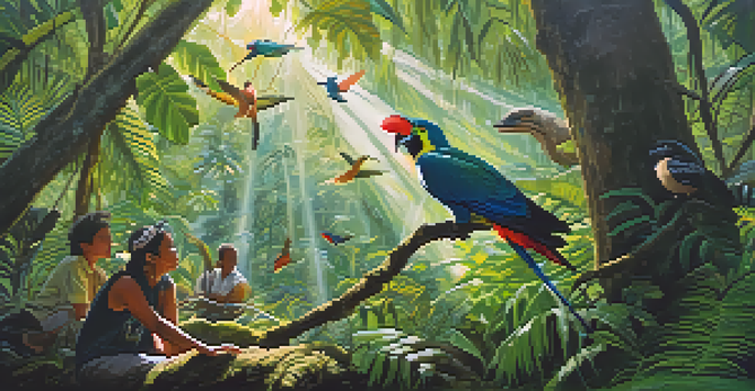 A local guide shows tourists a colorful bird in a lush rainforest filled with diverse plants.
