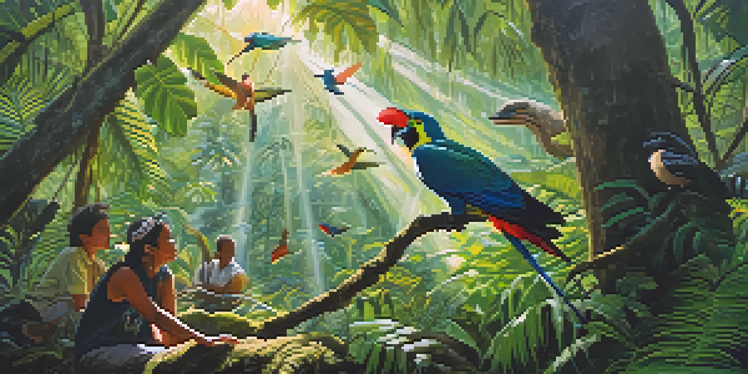 A local guide shows tourists a colorful bird in a lush rainforest filled with diverse plants.